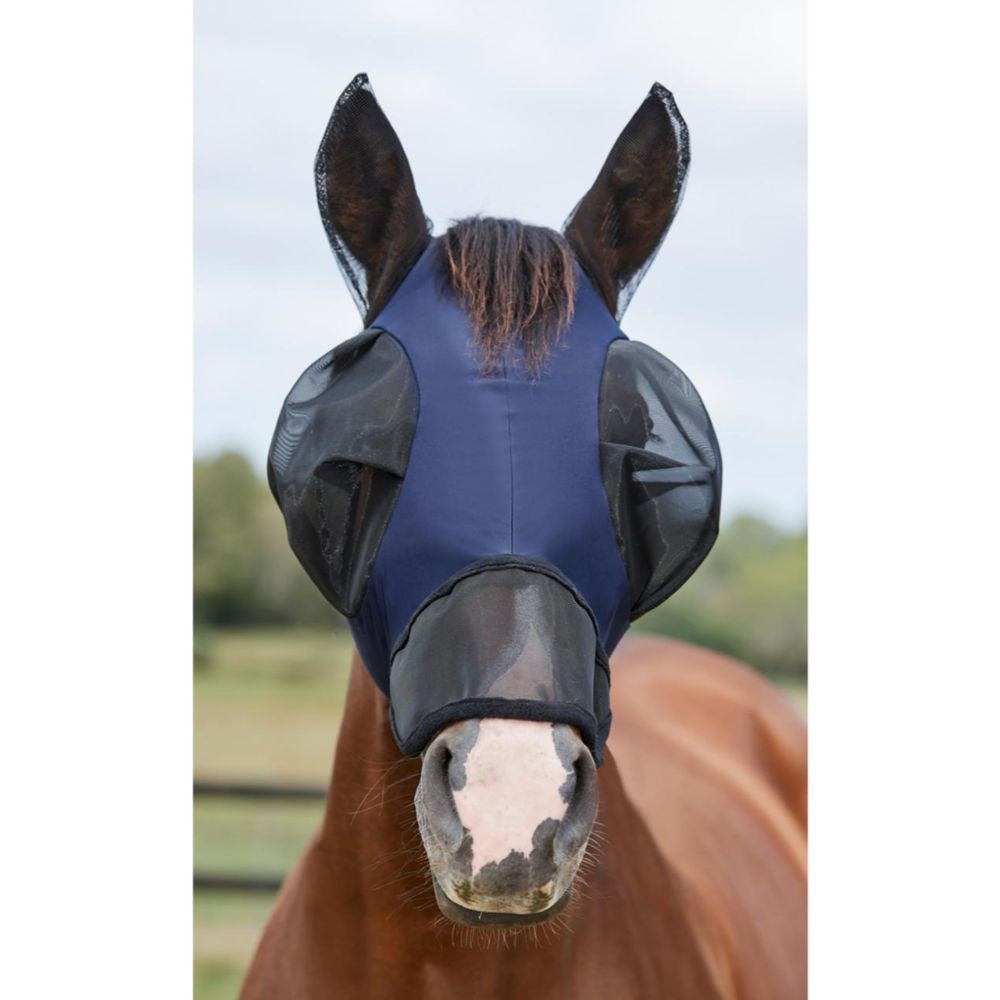 Horse wearing a blue fly mask with mesh covering its eyes, nose, and ears against a blurred outdoor background.