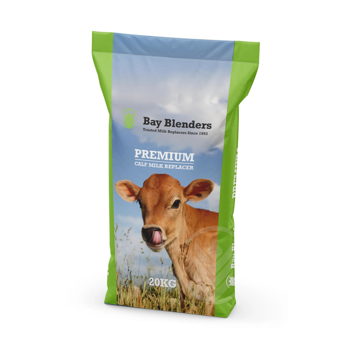 Bag of Bay Blenders Premium Calf Milk Replacer with a calf on the label