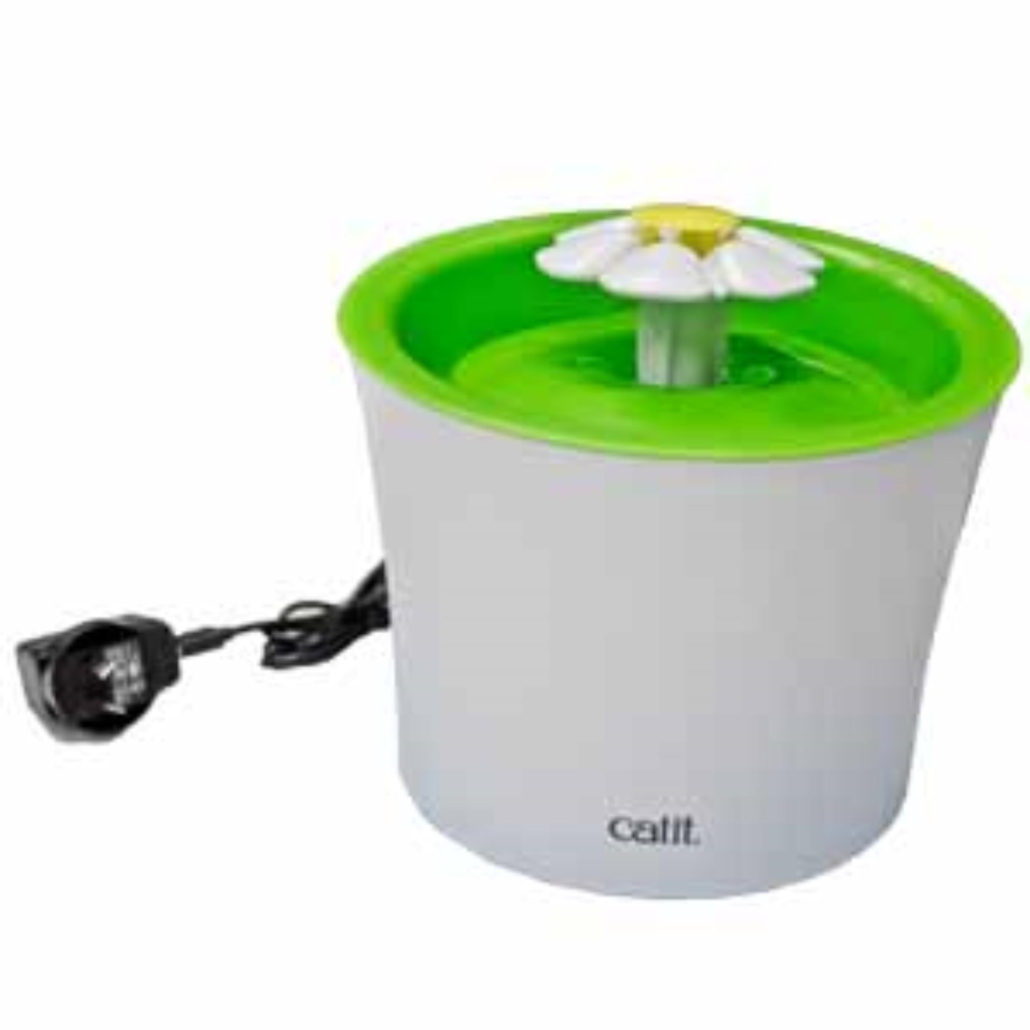 Cat water fountain with green top and white base on a white background