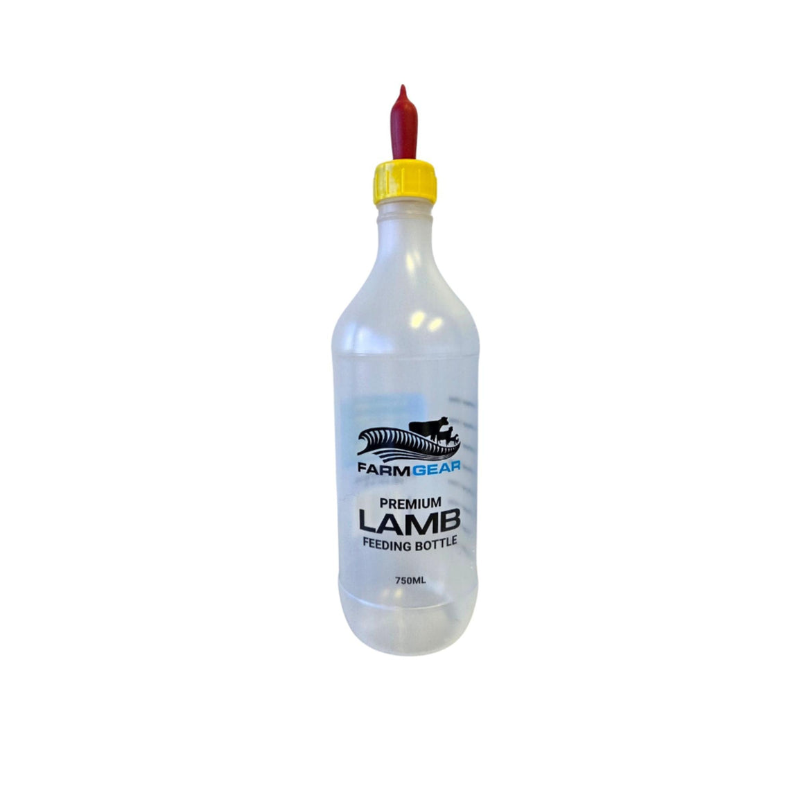 White lamb feeding bottle with red nozzle on a white background