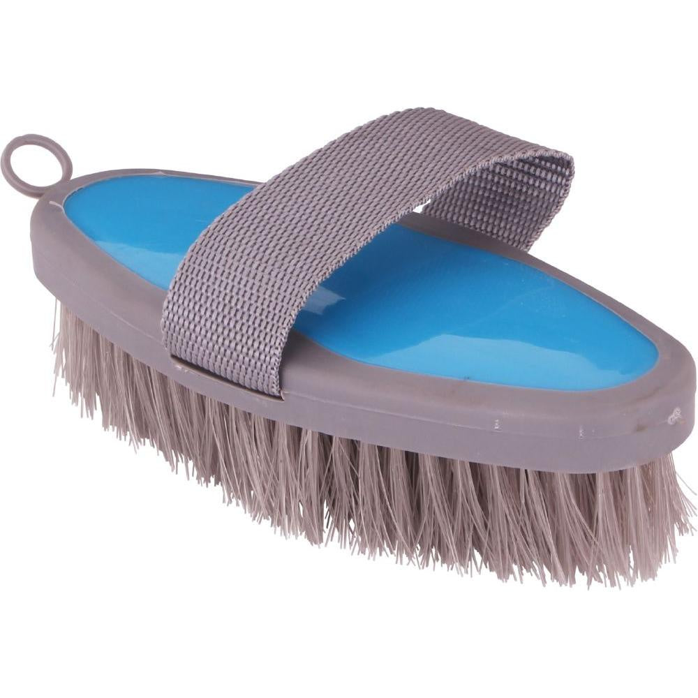 Pet grooming brush with blue handle and grey bristles on a white background