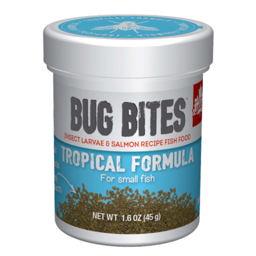 Bug Bites tropical formula fish food container on a white background