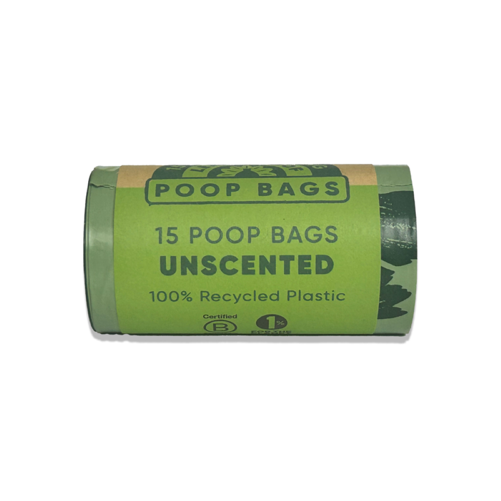 Roll of unscented poop bags with green packaging on a white background