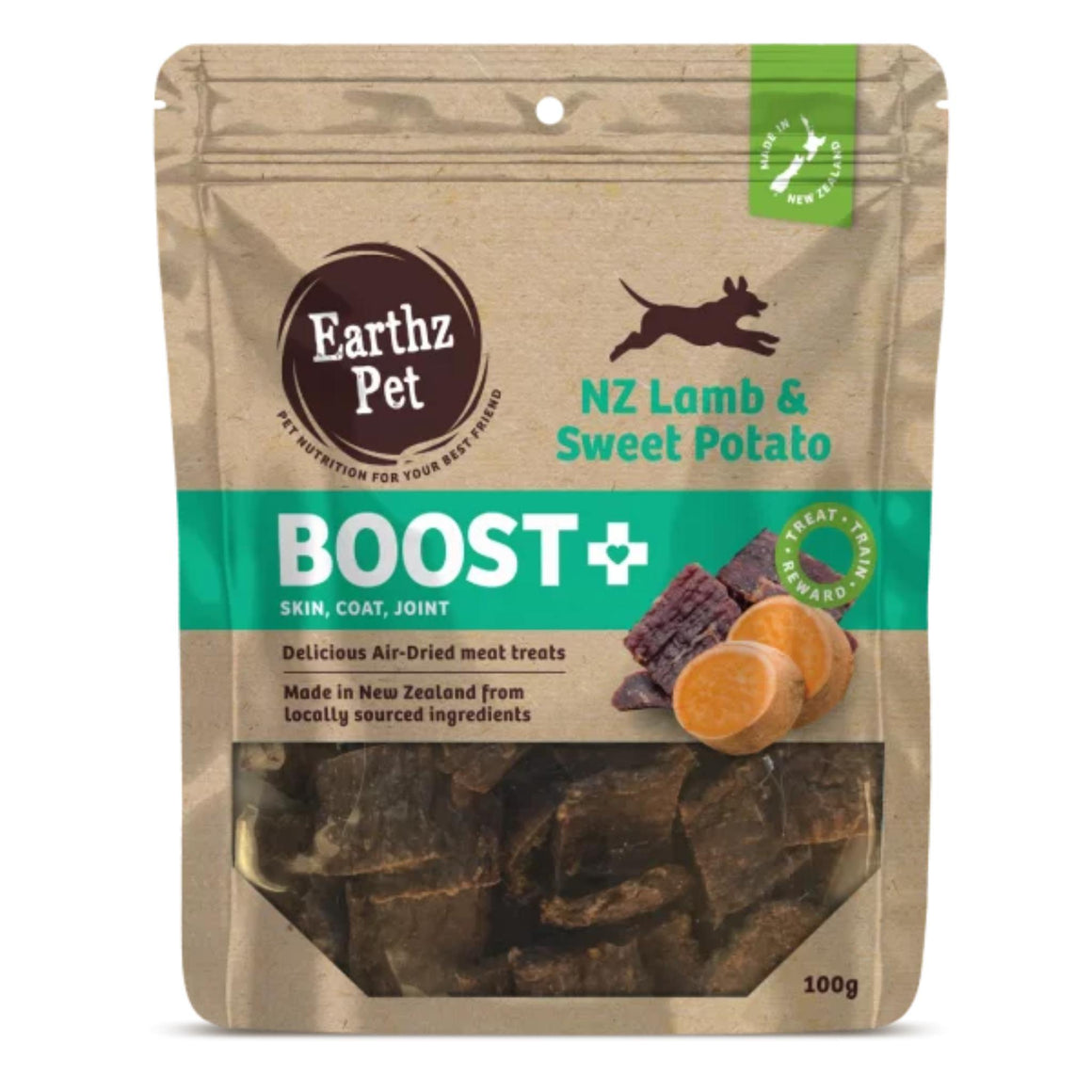 Earthz PetNZ Lamb & Sweet Potato Boost+ treat package on a white background
