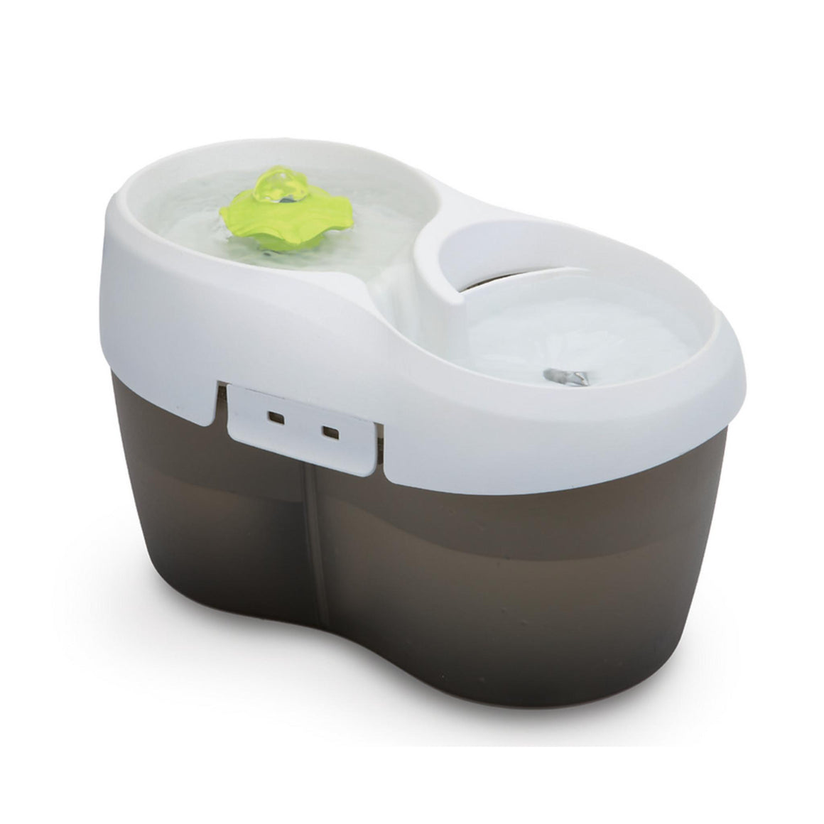 Pet water fountain with a white top and brown base on a white background