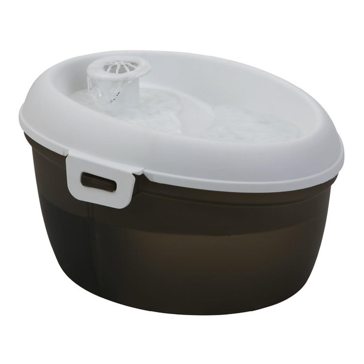 Black and white plastic container with a lid on a white background