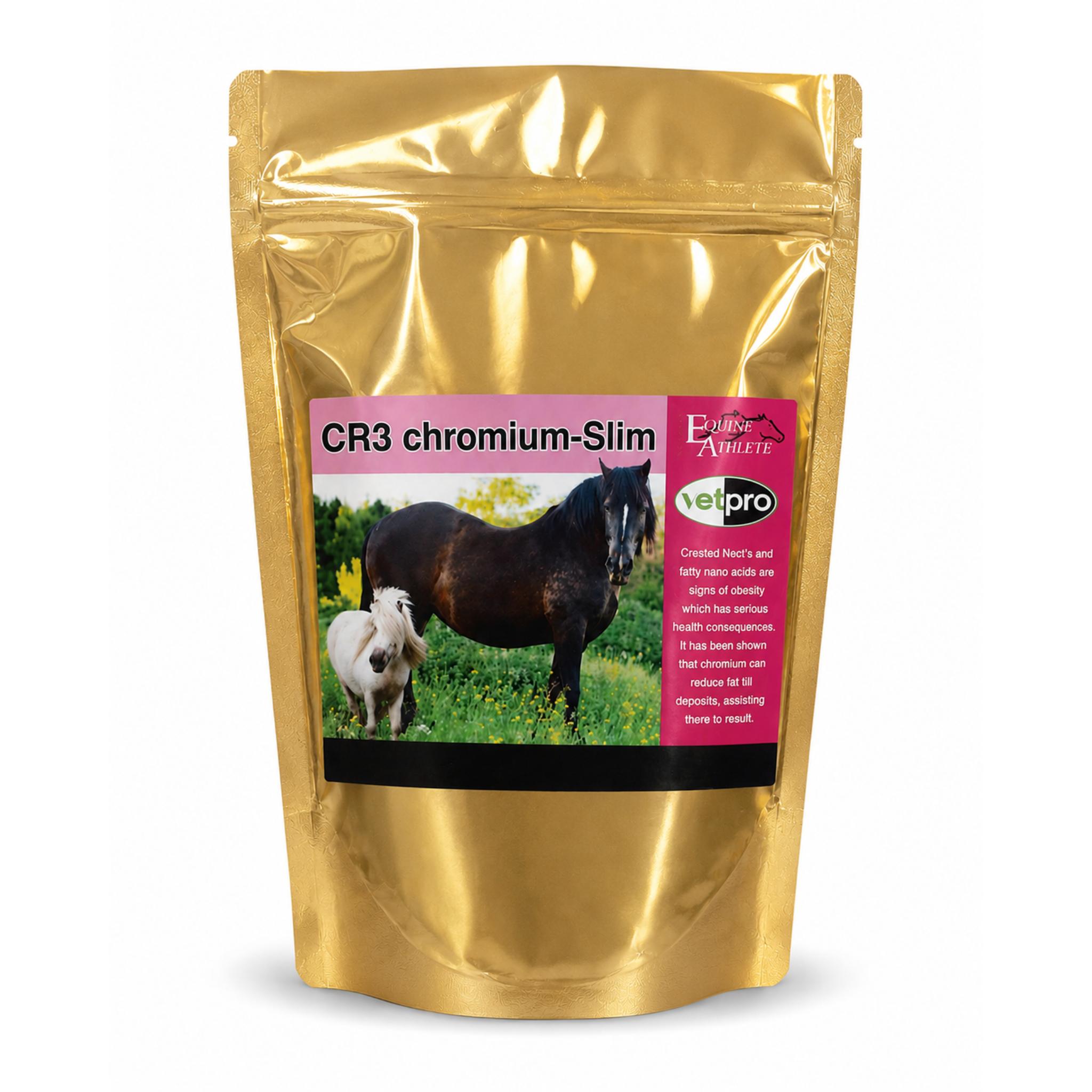 Gold package of CR3 chromium-Slim with horses on a label against a white background