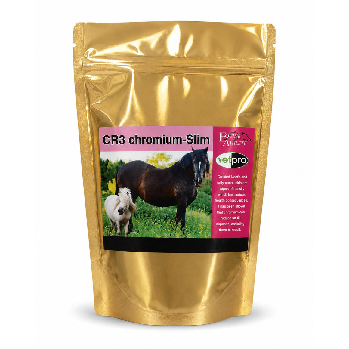 Gold package of CR3 chromium-Slim with horses on a label against a white background