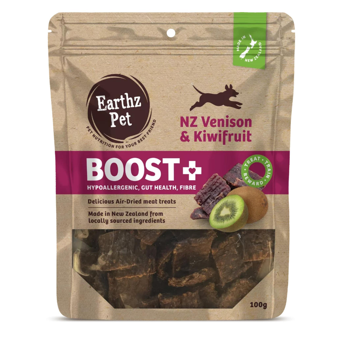 Earthz Pet NZ Venison & Kiwifruit Boost+ dog treat package on a white background