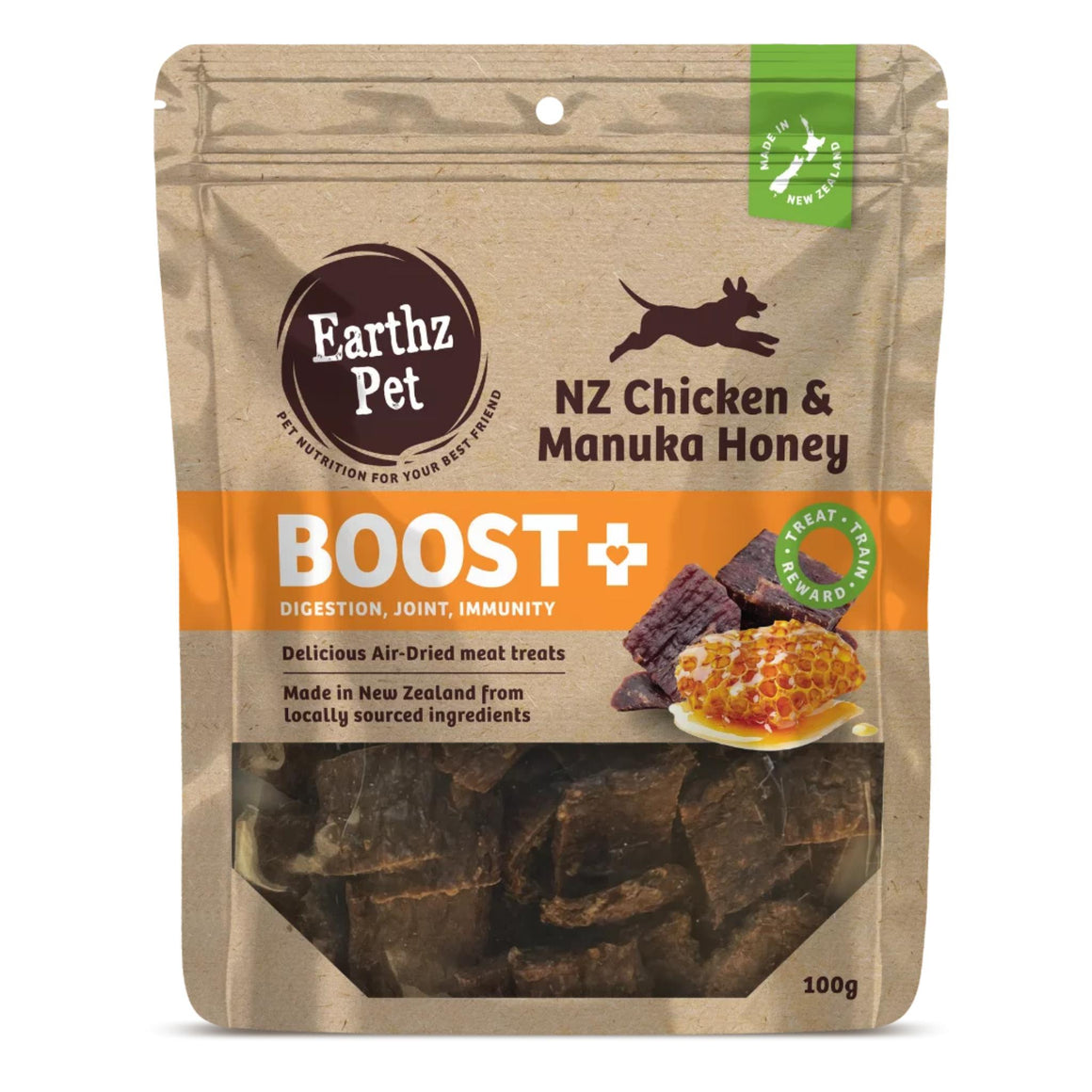 Earthz Pet NZ Chicken & Manuka Honey Boost+ dog treat package on a white background