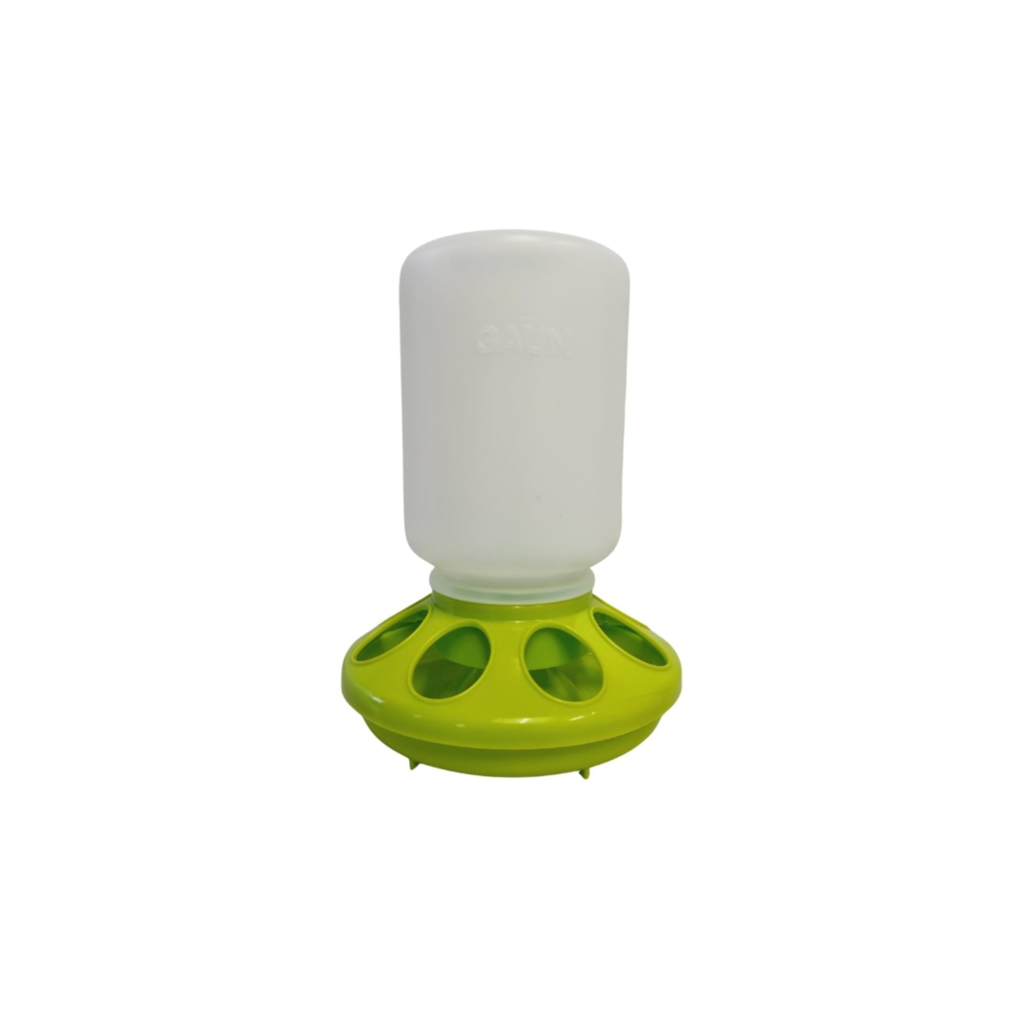 Gaun 1kg green plastic gravity chick feeder with grill base and graduated measurements

