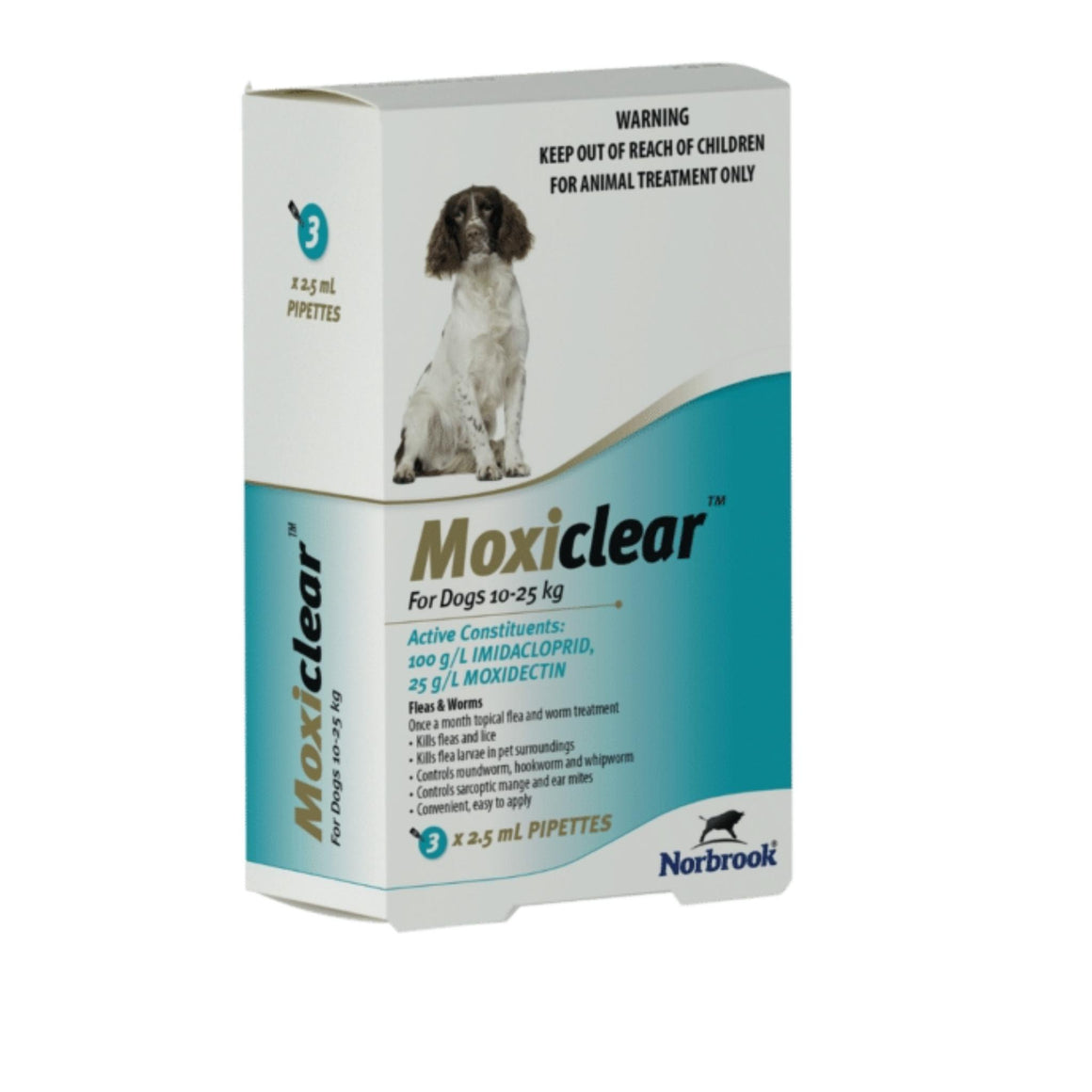 Moxiclear packaging for dogs with a dog illustration on a white background