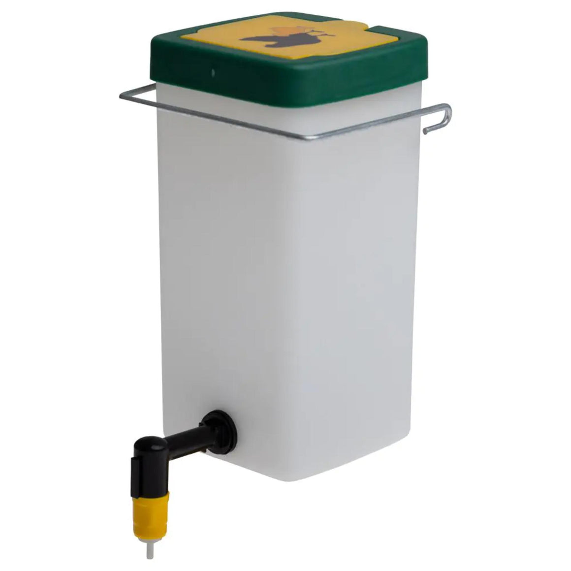 White container with green lid and black and yellow nozzle on a white background