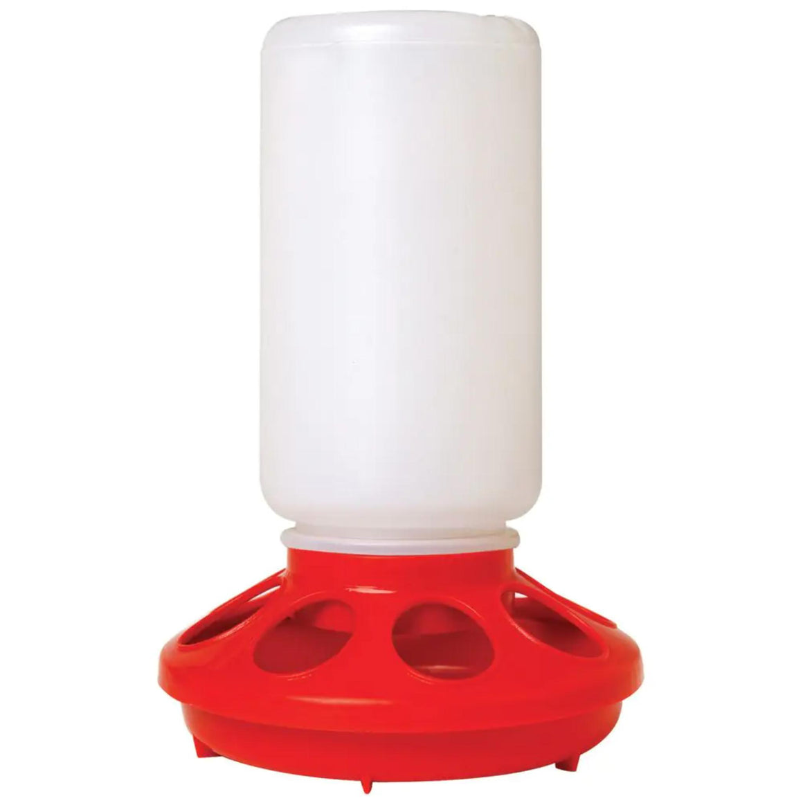 Red and white plastic chicken feeder on a white background