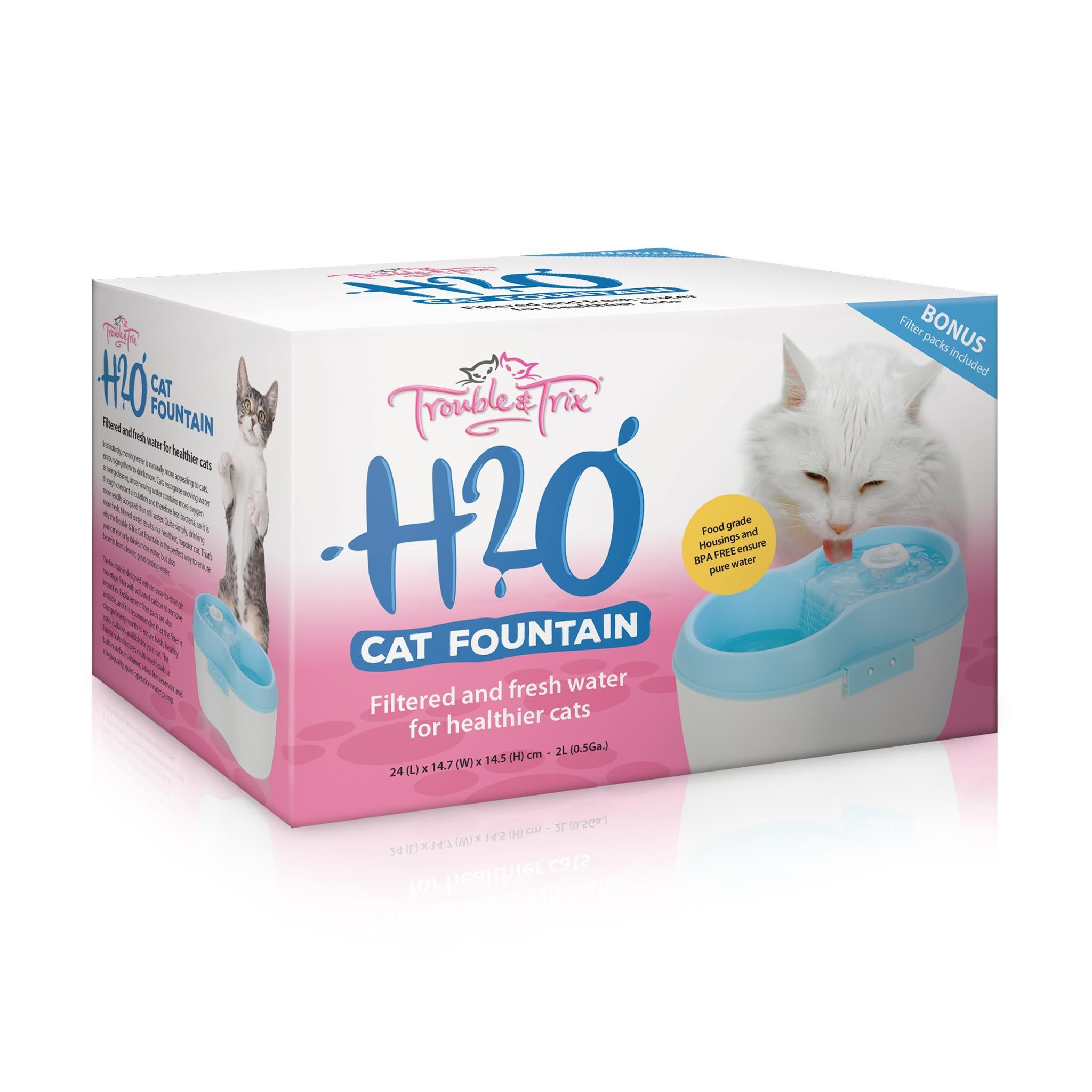 H2O Cat Fountain packaging with a cat drinking water on a white background