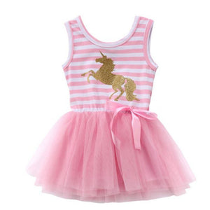 Girls Pink Unicorn Striped Party Dress