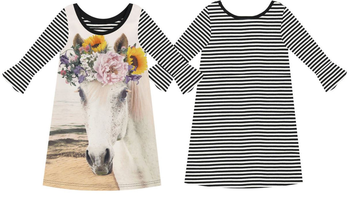 Girls Striped Horse Dress with Horse Wearing Flowers