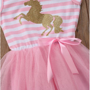 Girls Pink Unicorn Striped Party Dress