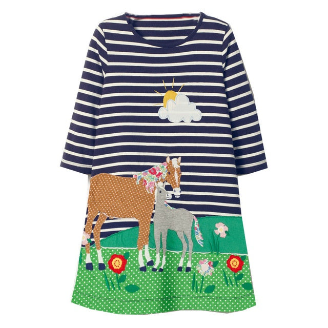 Girls Blue and White Stripe Horse Print Dress