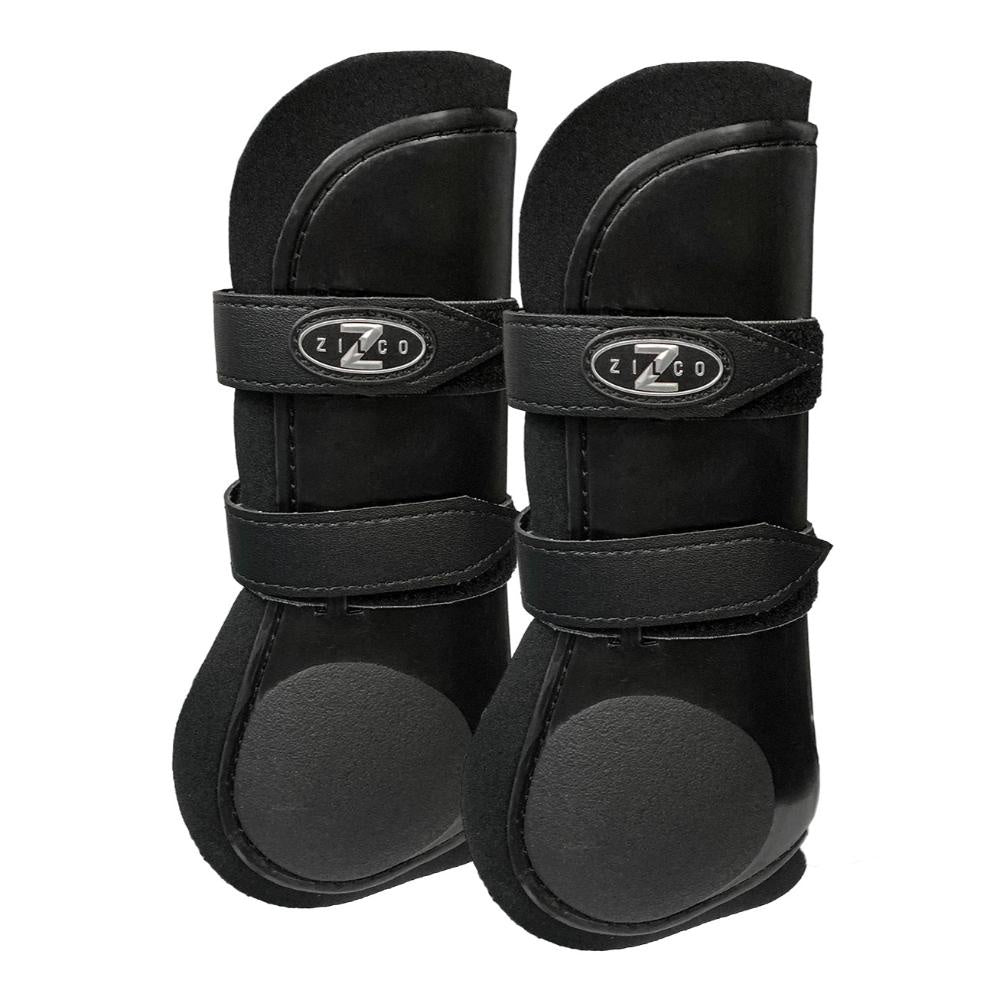 A pair of black open-front tendon racing boots for horses with straps and a brand logo on the top.